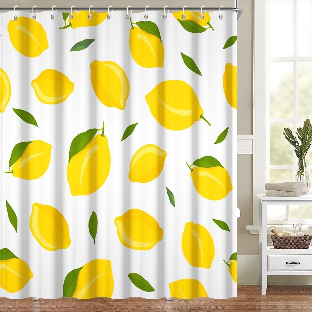 Yellow Lemon Shower Curtain for Bathroom Modern Preppy Lemon Pattern Bath Curtains for Teens Nature Plant Fruit Theme Bathroom Decor Set Washable Waterproof Polyester Fabric with Hooks 70x72 Inch