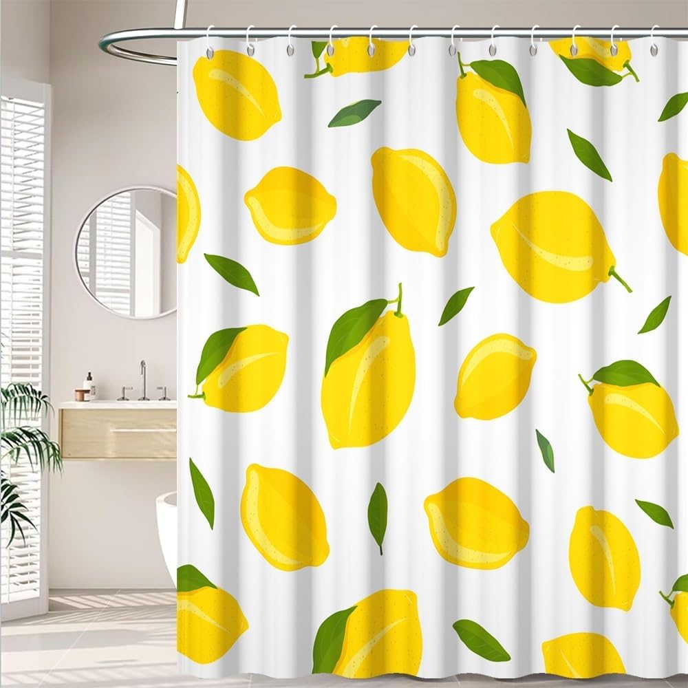 Yellow Lemon Shower Curtain for Bathroom Modern Preppy Lemon Pattern Bath Curtains for Teens Nature Plant Fruit Theme Bathroom Decor Set Washable Waterproof Polyester Fabric with Hooks 70x72 Inch