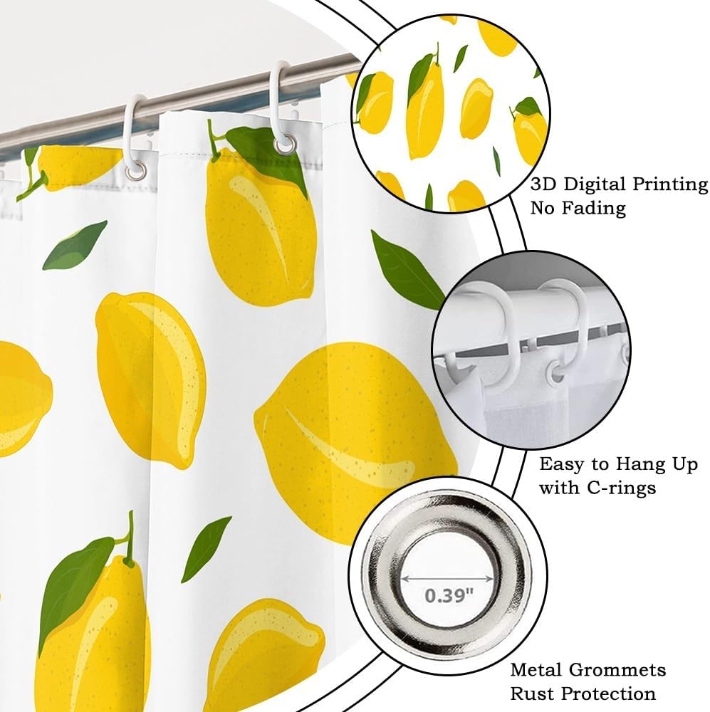 Yellow Lemon Shower Curtain for Bathroom Modern Preppy Lemon Pattern Bath Curtains for Teens Nature Plant Fruit Theme Bathroom Decor Set Washable Waterproof Polyester Fabric with Hooks 70x72 Inch
