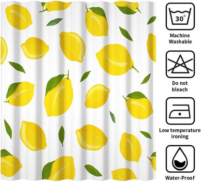 Yellow Lemon Shower Curtain for Bathroom Modern Preppy Lemon Pattern Bath Curtains for Teens Nature Plant Fruit Theme Bathroom Decor Set Washable Waterproof Polyester Fabric with Hooks 70x72 Inch