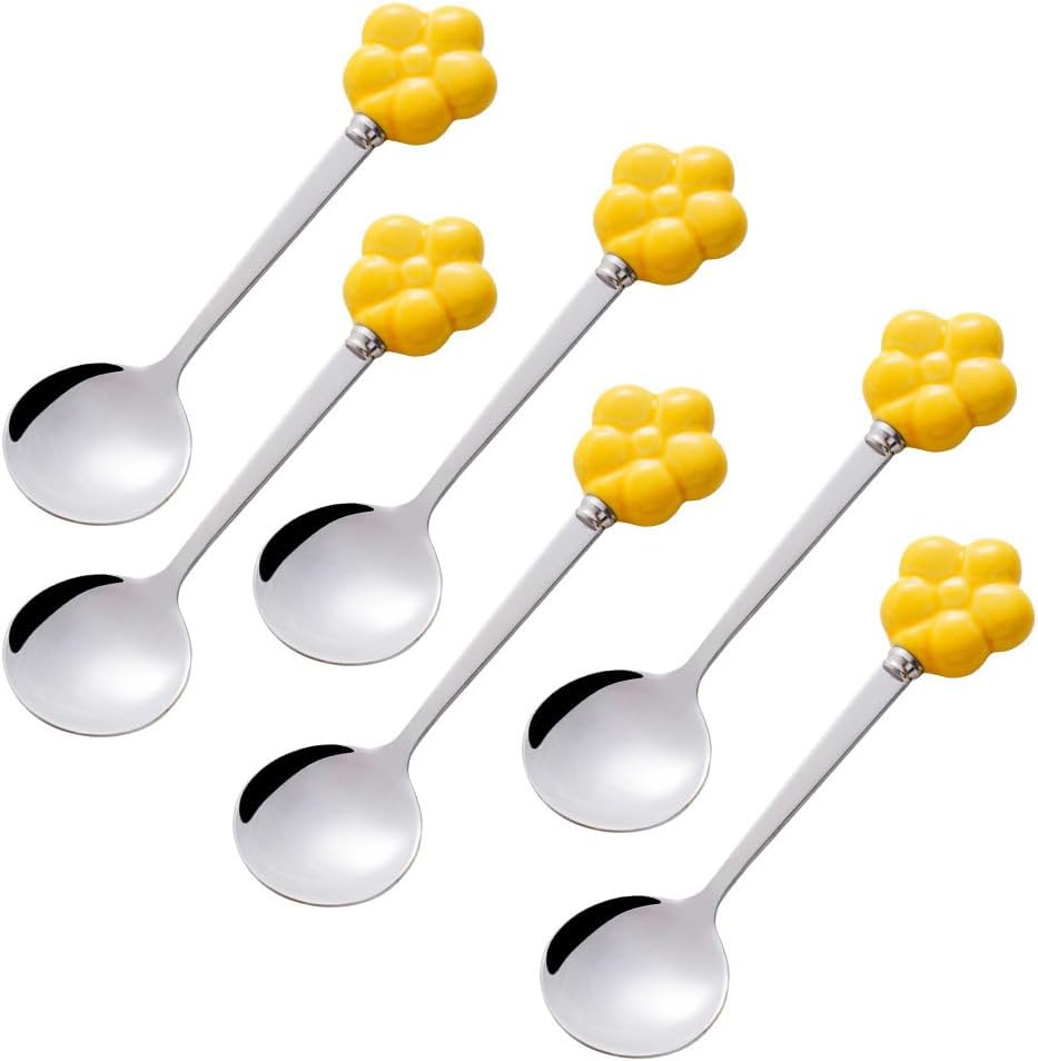 (6 Pieces) Ceramic Flower Stainless Steel Spoon Soup Spoon Dessert Coffee Tea Spoon Small Round Spoon Small Spoon (Yellow)