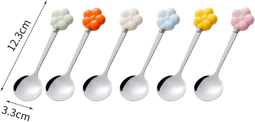 (6 Pieces) Ceramic Flower Stainless Steel Spoon Soup Spoon Dessert Coffee Tea Spoon Small Round Spoon Small Spoon (Yellow)