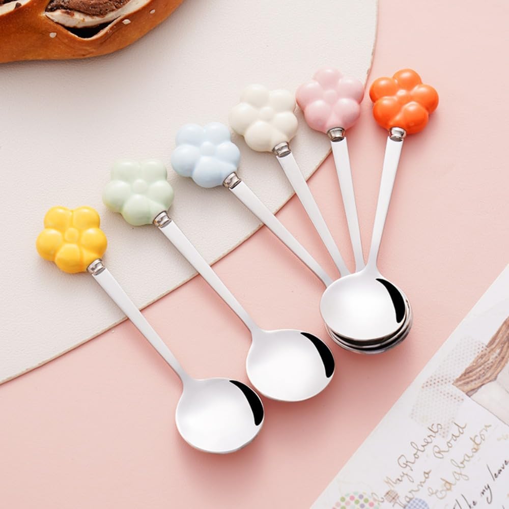 (6 Pieces) Ceramic Flower Stainless Steel Spoon Soup Spoon Dessert Coffee Tea Spoon Small Round Spoon Small Spoon (Yellow)