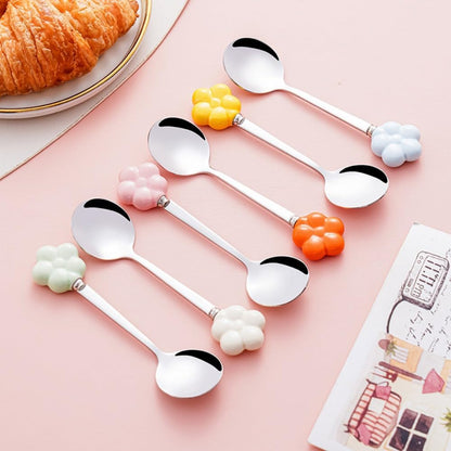 (6 Pieces) Ceramic Flower Stainless Steel Spoon Soup Spoon Dessert Coffee Tea Spoon Small Round Spoon Small Spoon (Yellow)