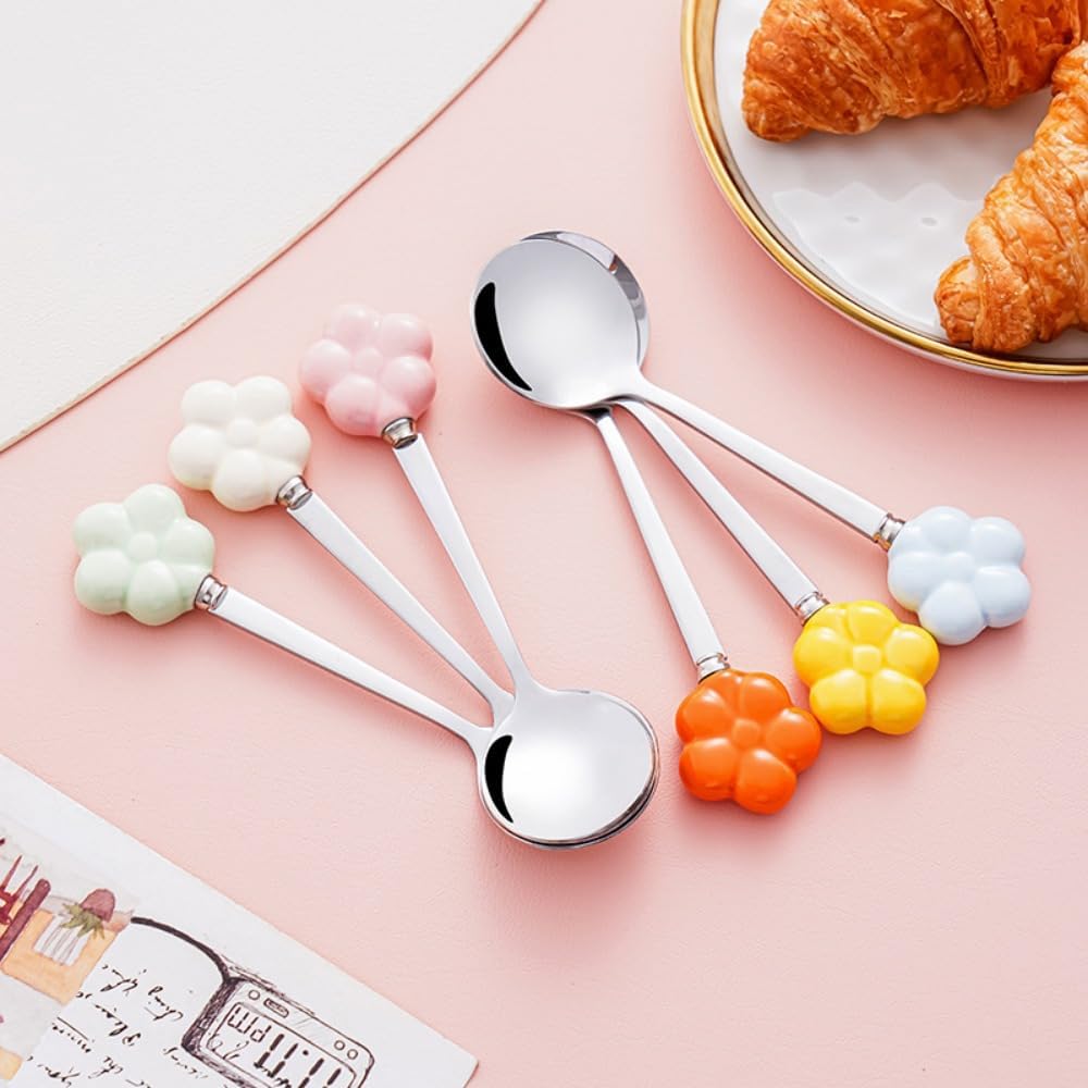 (6 Pieces) Ceramic Flower Stainless Steel Spoon Soup Spoon Dessert Coffee Tea Spoon Small Round Spoon Small Spoon (Yellow)