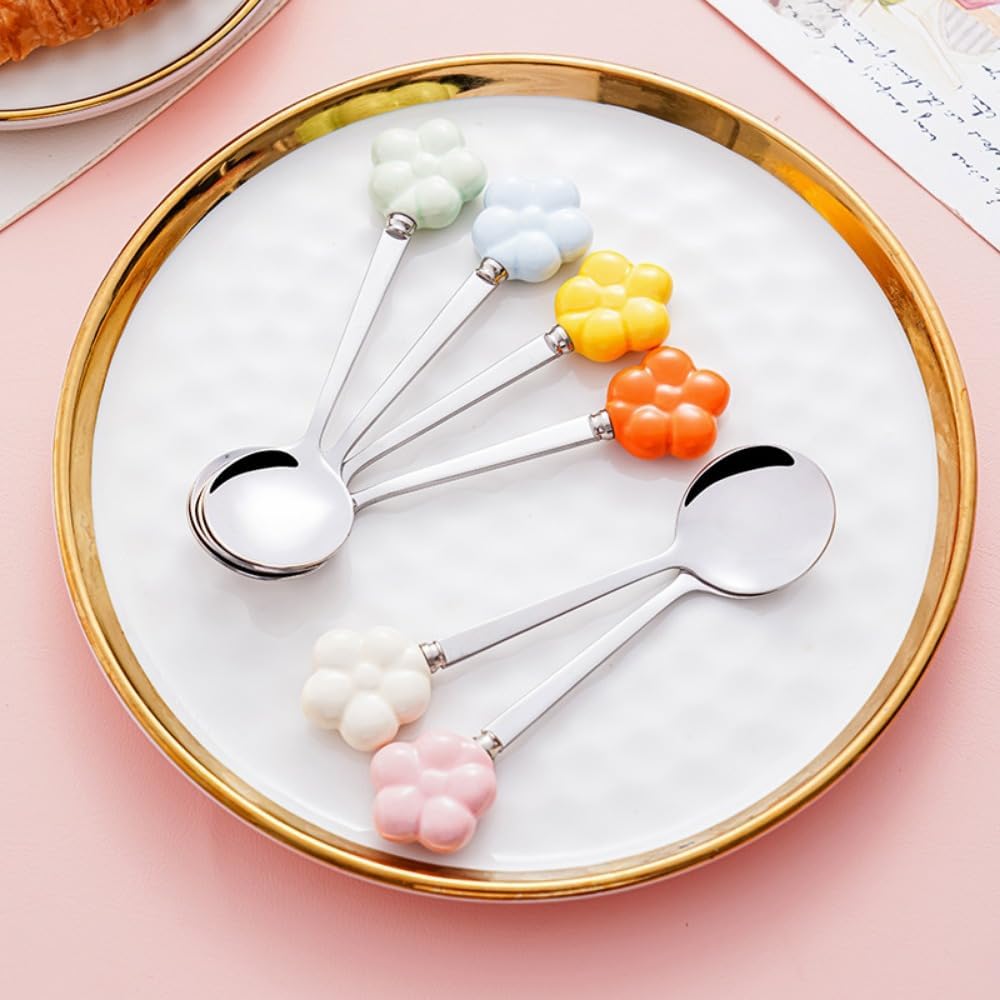 (6 Pieces) Ceramic Flower Stainless Steel Spoon Soup Spoon Dessert Coffee Tea Spoon Small Round Spoon Small Spoon (Yellow)