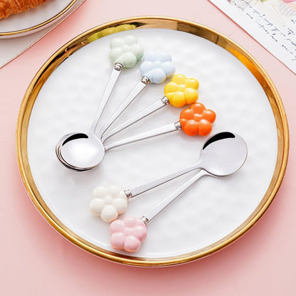 (6 Pieces) Ceramic Flower Stainless Steel Spoon Soup Spoon Dessert Coffee Tea Spoon Small Round Spoon Small Spoon (Yellow)