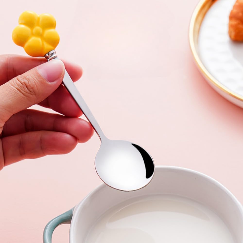 (6 Pieces) Ceramic Flower Stainless Steel Spoon Soup Spoon Dessert Coffee Tea Spoon Small Round Spoon Small Spoon (Yellow)