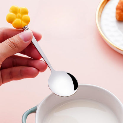 (6 Pieces) Ceramic Flower Stainless Steel Spoon Soup Spoon Dessert Coffee Tea Spoon Small Round Spoon Small Spoon (Yellow)