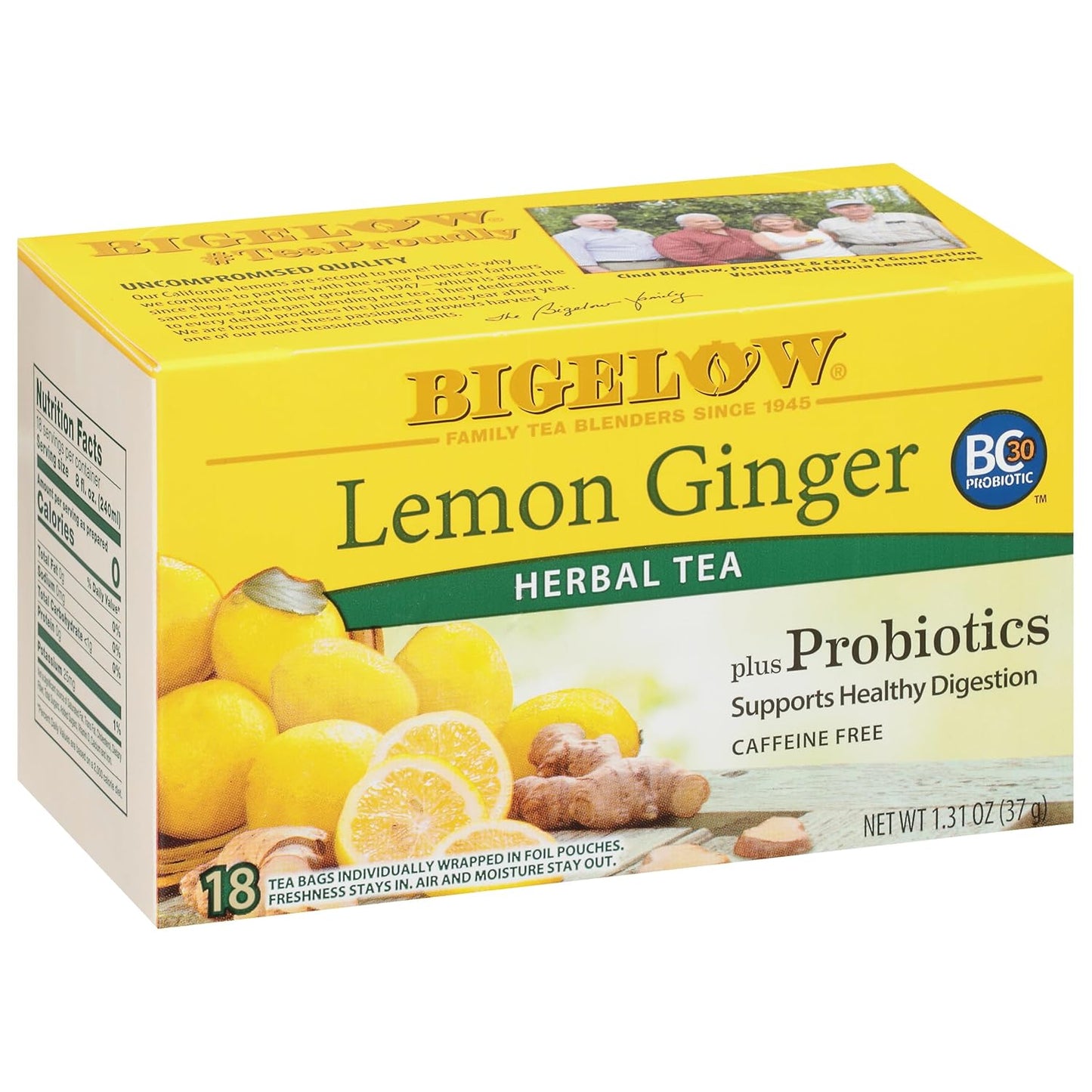 Tea Lemon Ginger plus Probiotics Herbal Tea, Caffeine Free Tea, 18 Total Tea Bags (Pack of 1)