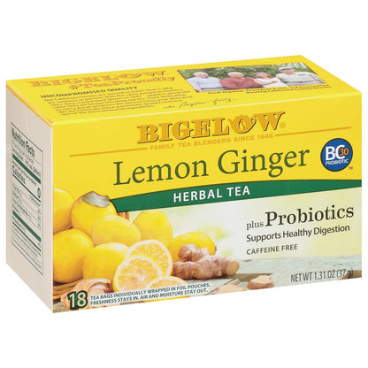 Tea Lemon Ginger plus Probiotics Herbal Tea, Caffeine Free Tea, 18 Total Tea Bags (Pack of 1)