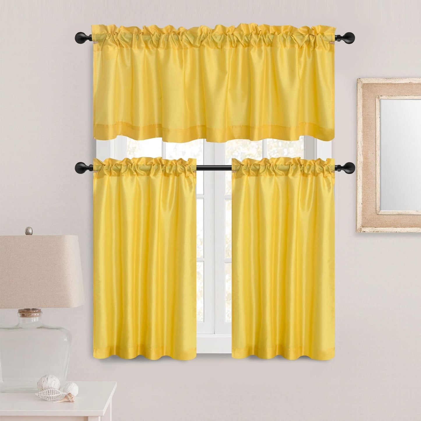 Faux Silk Kitchen Valance Set - 36 Inch Tier Curtains with Rod Pocket for Living Room, Bedroom, Bathroom - Farmhouse Rustic Country Style - 3 Piece Set (Yellow)