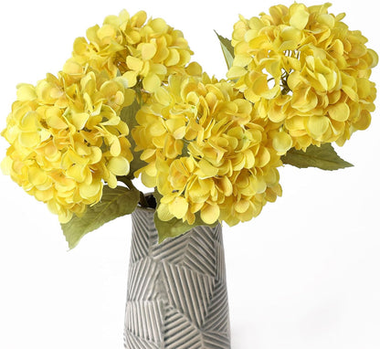 4Pcs Yellow Artificial Hydrangea Flowers Large Fake Silk Hydrangea Flower with Leaves Stems Realistic Faux Hydrangeas Decorations for Wedding Table Centerpieces Vase Home Decor (Yellow)