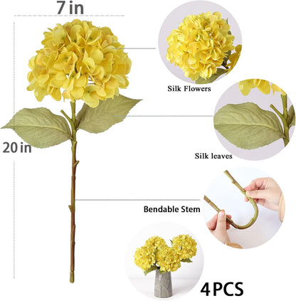 4Pcs Yellow Artificial Hydrangea Flowers Large Fake Silk Hydrangea Flower with Leaves Stems Realistic Faux Hydrangeas Decorations for Wedding Table Centerpieces Vase Home Decor (Yellow)