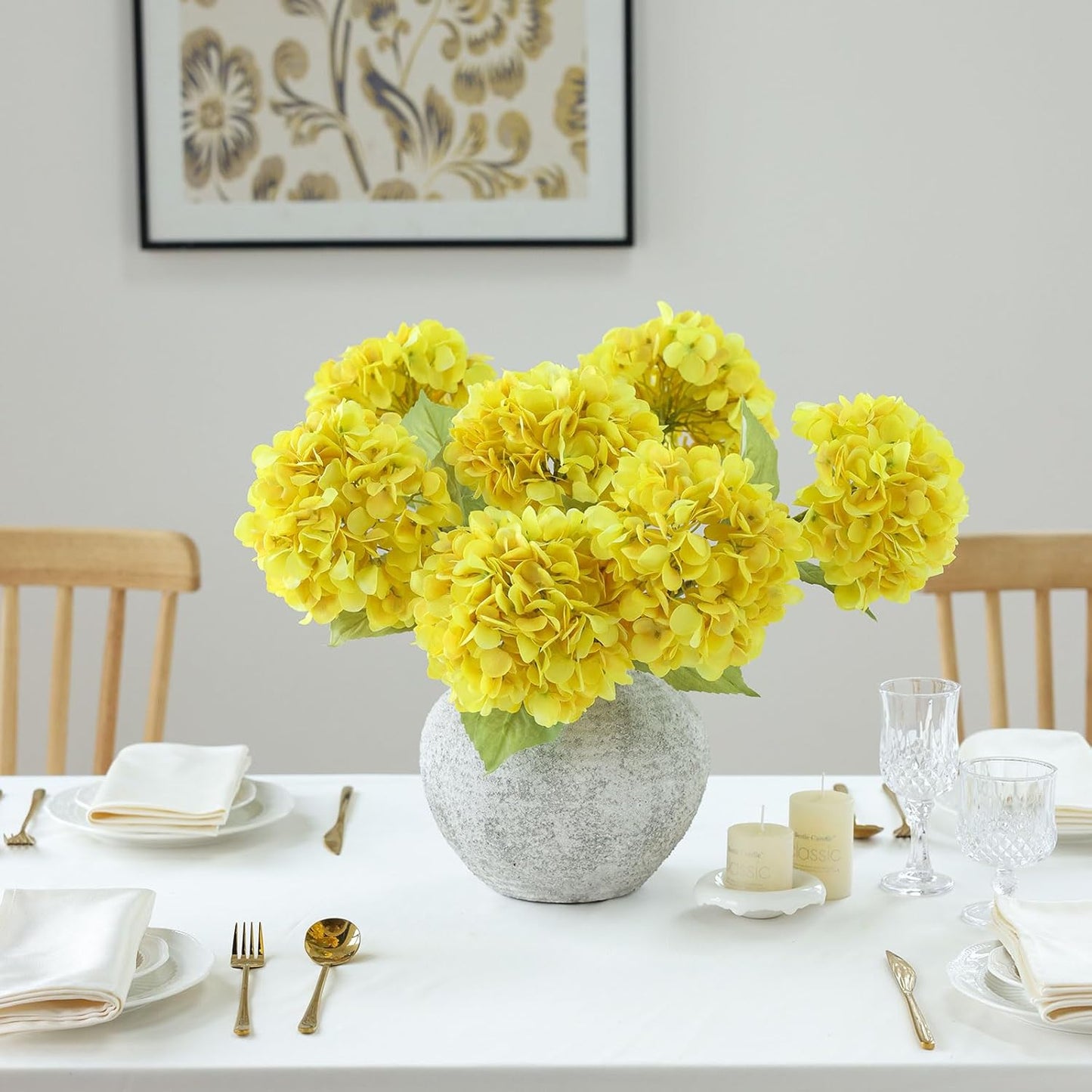 4Pcs Yellow Artificial Hydrangea Flowers Large Fake Silk Hydrangea Flower with Leaves Stems Realistic Faux Hydrangeas Decorations for Wedding Table Centerpieces Vase Home Decor (Yellow)