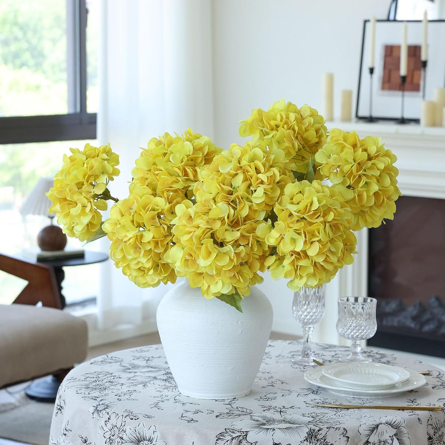 4Pcs Yellow Artificial Hydrangea Flowers Large Fake Silk Hydrangea Flower with Leaves Stems Realistic Faux Hydrangeas Decorations for Wedding Table Centerpieces Vase Home Decor (Yellow)