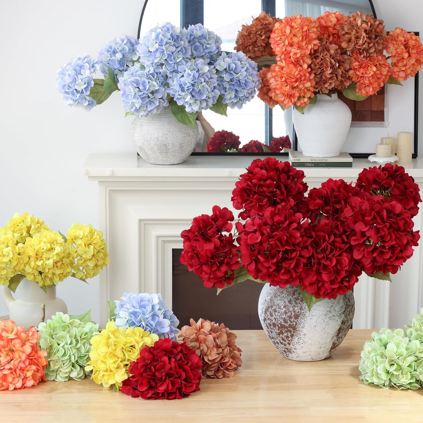 4Pcs Yellow Artificial Hydrangea Flowers Large Fake Silk Hydrangea Flower with Leaves Stems Realistic Faux Hydrangeas Decorations for Wedding Table Centerpieces Vase Home Decor (Yellow)