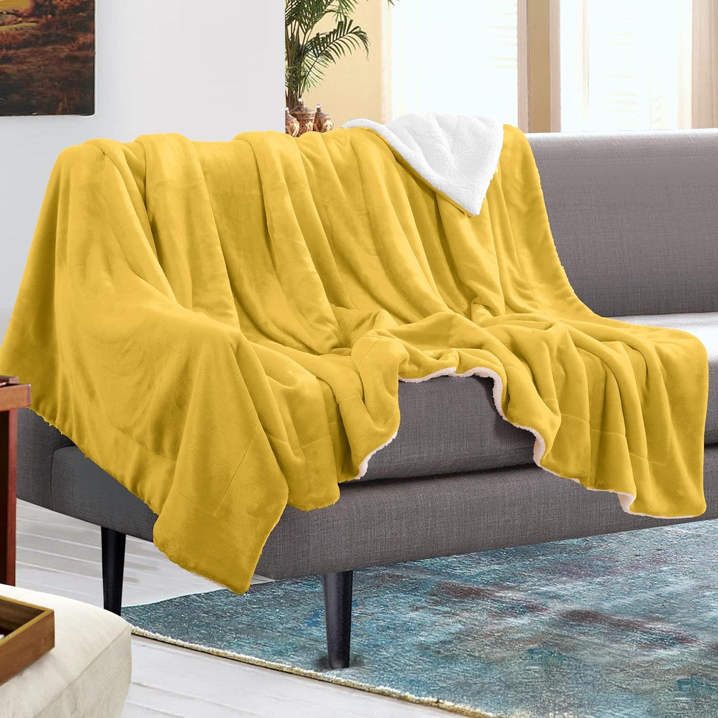 Mocassi Premium Ultra-Soft Velvet Touch Flannel Fleece Sherpa Throw - Warm Cozy Reversible Plush Micromink Throw Blanket for Couch, Bed and Sofa - Fluffy, Christmas Winter Bedding Gift, Yellow