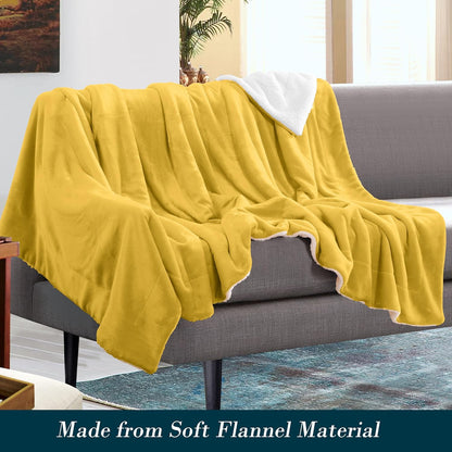 Mocassi Premium Ultra-Soft Velvet Touch Flannel Fleece Sherpa Throw - Warm Cozy Reversible Plush Micromink Throw Blanket for Couch, Bed and Sofa - Fluffy, Christmas Winter Bedding Gift, Yellow