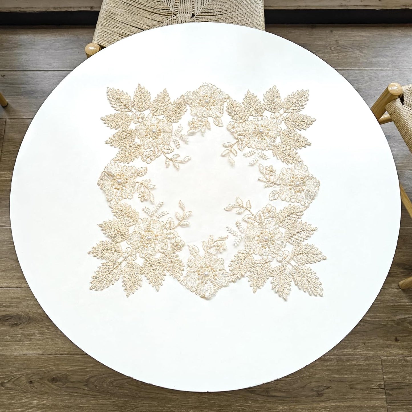 2Pcs Mesh Lace Doily, 40cm*40cm Placemat with Yellow Lace Trim, Coffee Table Topper Washable Dinner Mat for Dining Room Kitchen Wedding Banquet