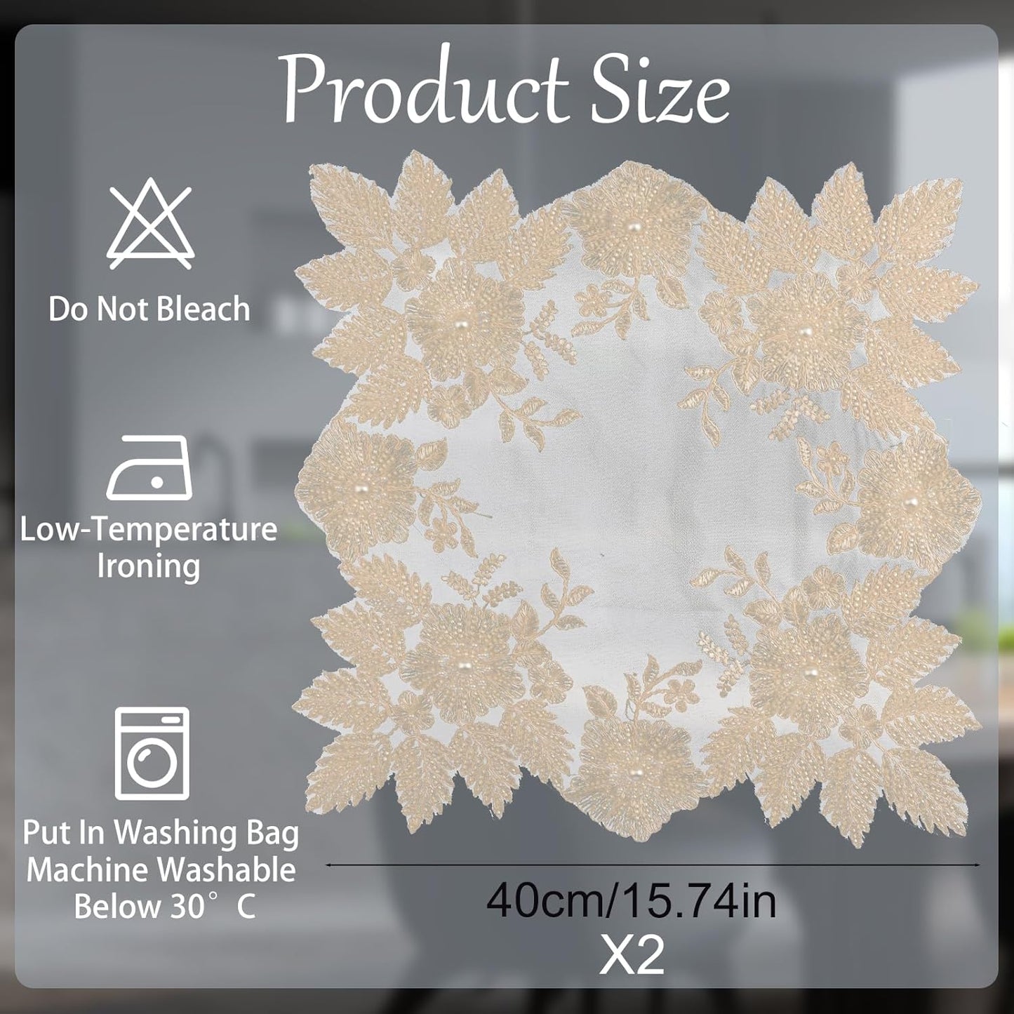 2Pcs Mesh Lace Doily, 40cm*40cm Placemat with Yellow Lace Trim, Coffee Table Topper Washable Dinner Mat for Dining Room Kitchen Wedding Banquet