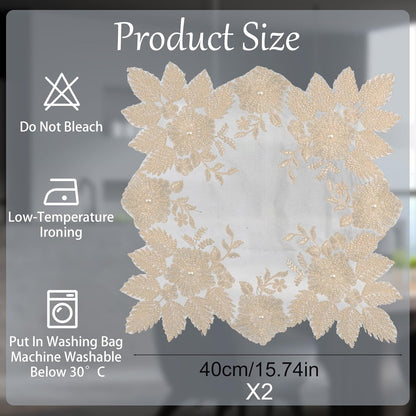 2Pcs Mesh Lace Doily, 40cm*40cm Placemat with Yellow Lace Trim, Coffee Table Topper Washable Dinner Mat for Dining Room Kitchen Wedding Banquet