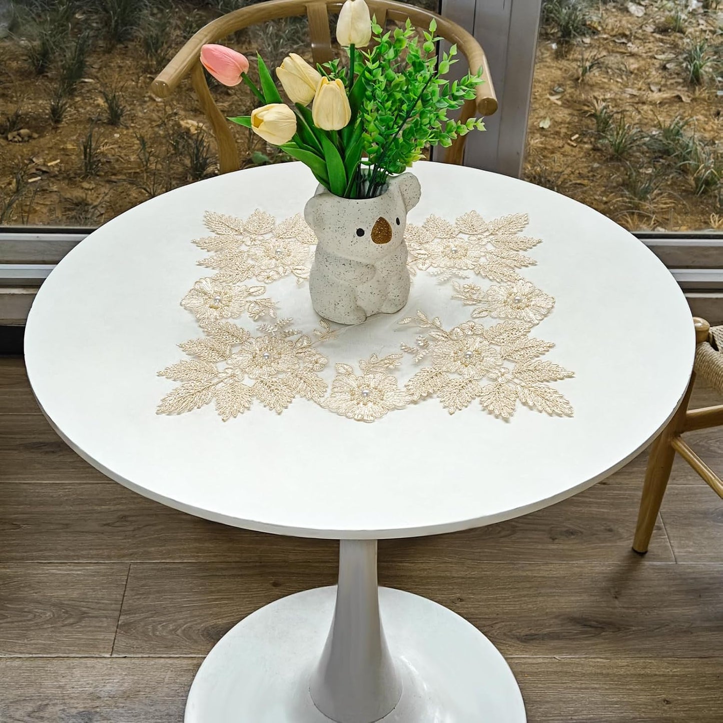 2Pcs Mesh Lace Doily, 40cm*40cm Placemat with Yellow Lace Trim, Coffee Table Topper Washable Dinner Mat for Dining Room Kitchen Wedding Banquet