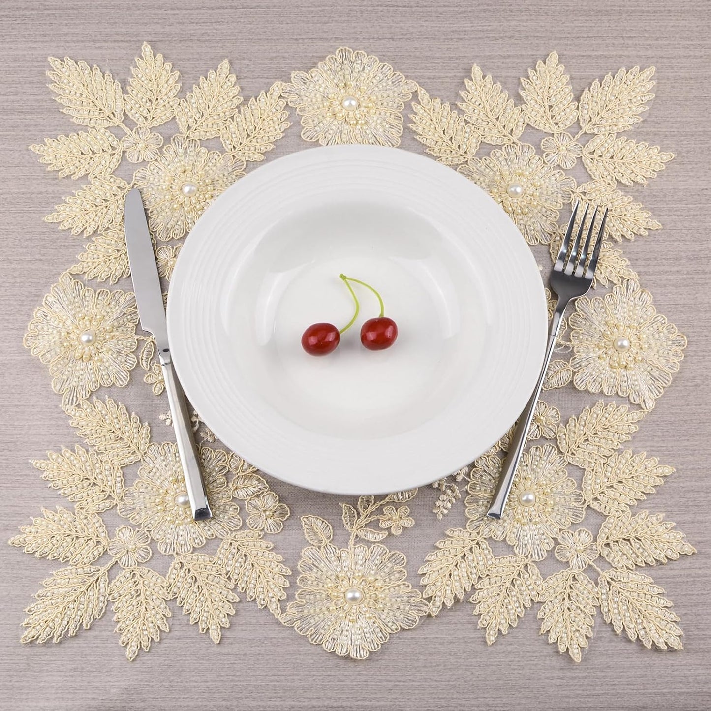 2Pcs Mesh Lace Doily, 40cm*40cm Placemat with Yellow Lace Trim, Coffee Table Topper Washable Dinner Mat for Dining Room Kitchen Wedding Banquet
