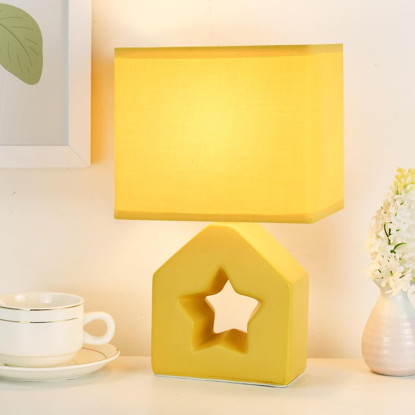 Vera Yellow Small Table Lamp for Living Room as Bedside Table Lamp for Bedroom,Modern Kids Night Ceramic Table Lamp,6.69×4.72×H10.83IN,Bulb Excluded