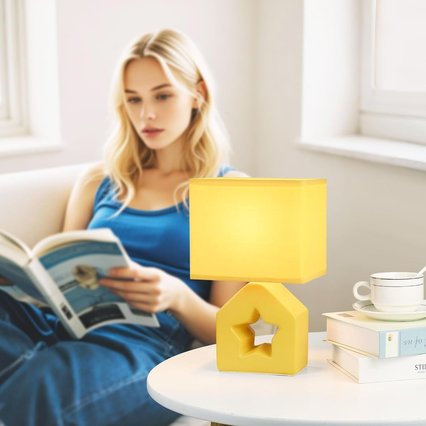 Vera Yellow Small Table Lamp for Living Room as Bedside Table Lamp for Bedroom,Modern Kids Night Ceramic Table Lamp,6.69×4.72×H10.83IN,Bulb Excluded