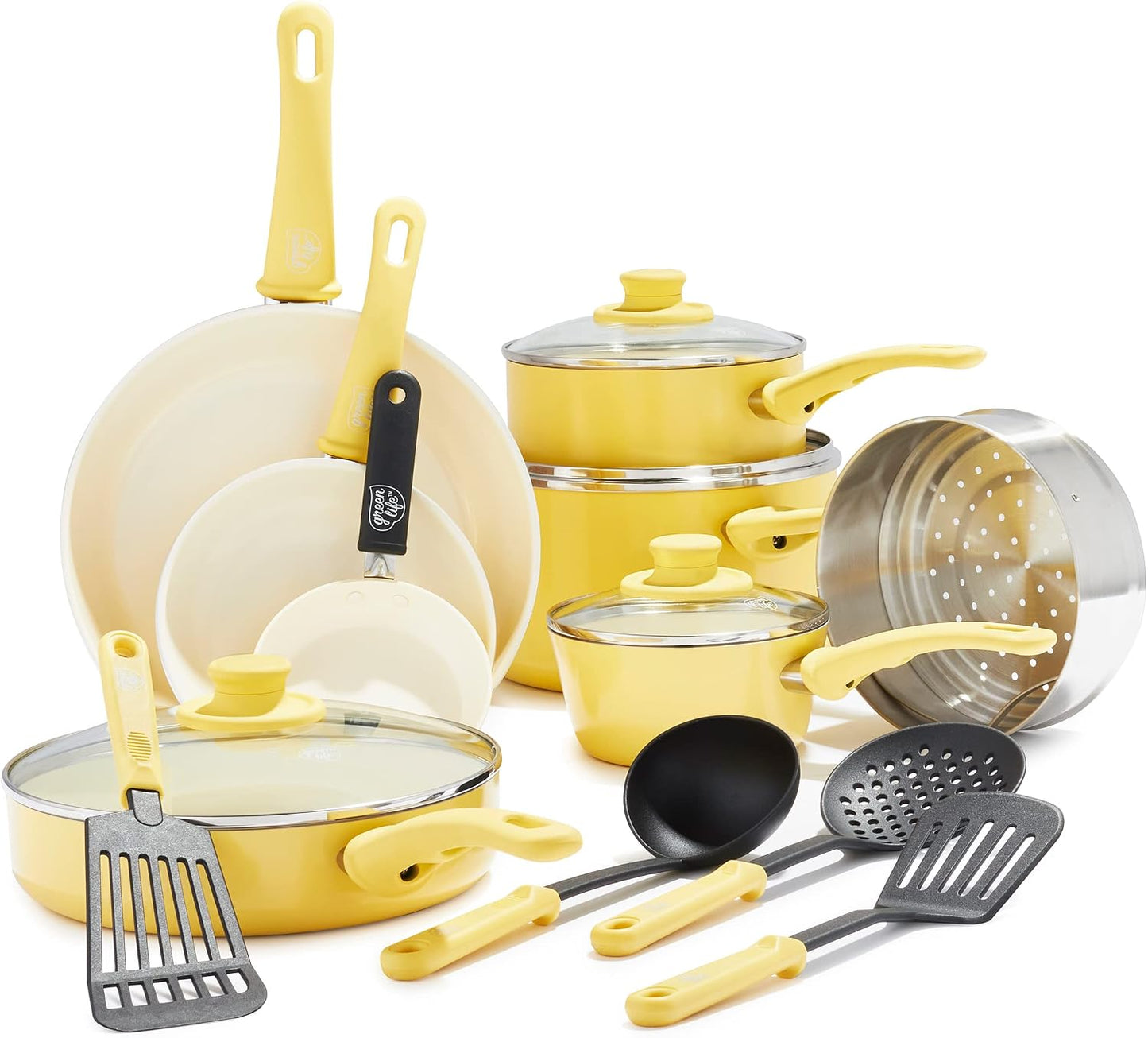 16 Piece Nonstick Cookware Set, Soft Grip Non-Toxic PFAS-Free Ceramic Pots & Pans, Dishwasher & Oven Safe, Frying, Sauce, Saute, Utensils, Glass Lids, Stay-Cool Handles, Wobble Free, Yellow