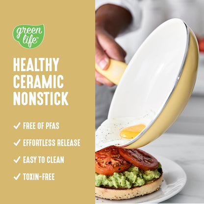 16 Piece Nonstick Cookware Set, Soft Grip Non-Toxic PFAS-Free Ceramic Pots & Pans, Dishwasher & Oven Safe, Frying, Sauce, Saute, Utensils, Glass Lids, Stay-Cool Handles, Wobble Free, Yellow