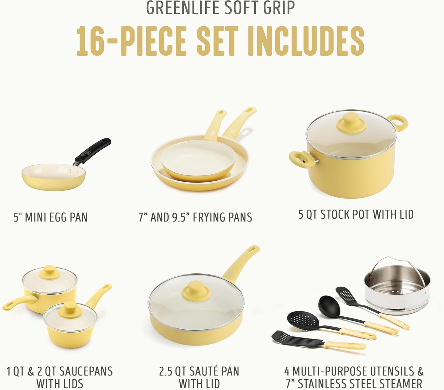 16 Piece Nonstick Cookware Set, Soft Grip Non-Toxic PFAS-Free Ceramic Pots & Pans, Dishwasher & Oven Safe, Frying, Sauce, Saute, Utensils, Glass Lids, Stay-Cool Handles, Wobble Free, Yellow