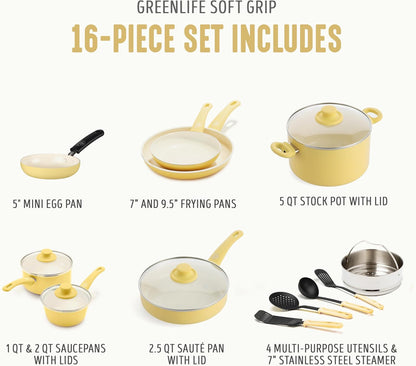 16 Piece Nonstick Cookware Set, Soft Grip Non-Toxic PFAS-Free Ceramic Pots & Pans, Dishwasher & Oven Safe, Frying, Sauce, Saute, Utensils, Glass Lids, Stay-Cool Handles, Wobble Free, Yellow