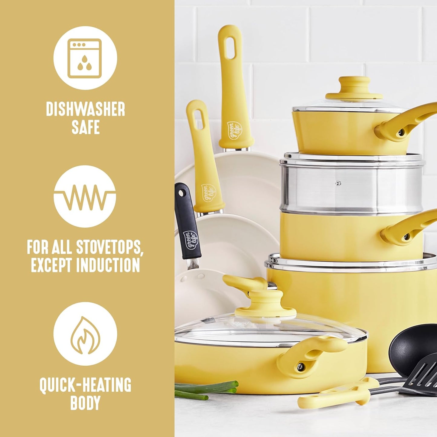 16 Piece Nonstick Cookware Set, Soft Grip Non-Toxic PFAS-Free Ceramic Pots & Pans, Dishwasher & Oven Safe, Frying, Sauce, Saute, Utensils, Glass Lids, Stay-Cool Handles, Wobble Free, Yellow