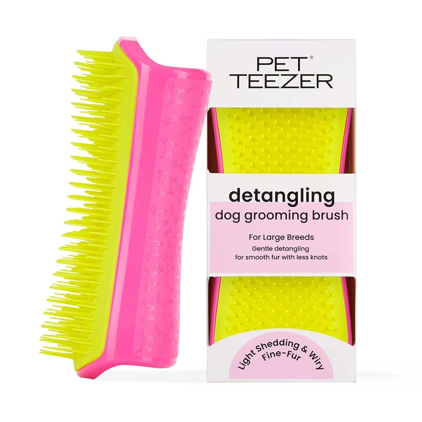 Detangling Dog Brush for Long Hair Breeds, Large, Pink & Yellow | Dog grooming tool with patented two-tier teeth to detangle & lift dirt for thick, double-coated dogs & wet or dry fur
