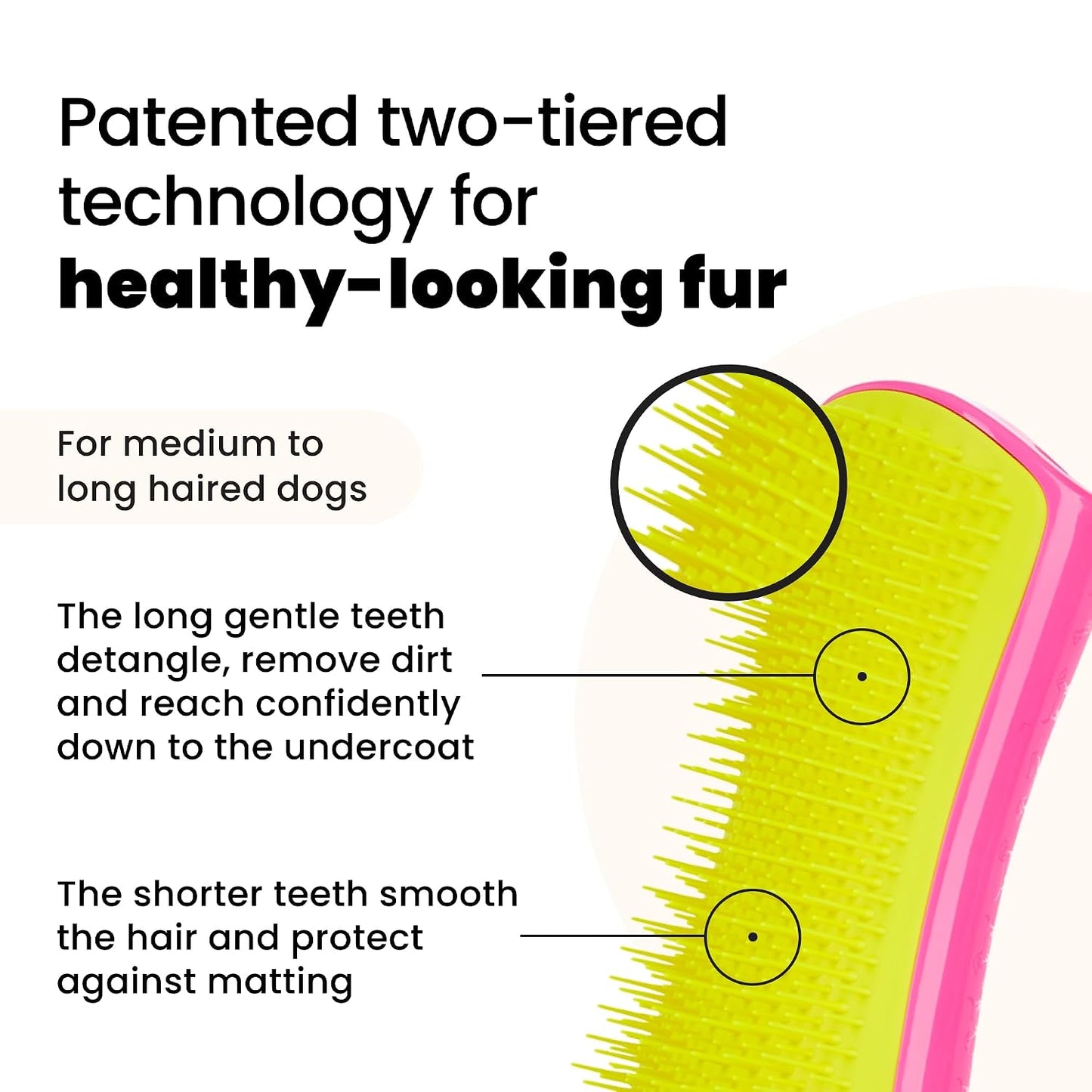 Detangling Dog Brush for Long Hair Breeds, Large, Pink & Yellow | Dog grooming tool with patented two-tier teeth to detangle & lift dirt for thick, double-coated dogs & wet or dry fur