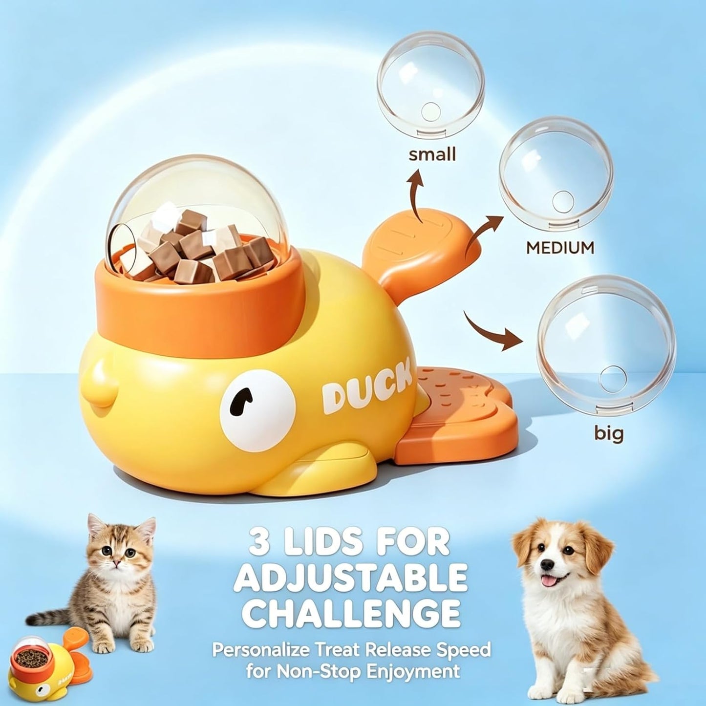 Fuzzibud Cat Toy Feeder,Interactive Cat Dog Feeder with 3 Lids, Press Type Treat Dispenser with Transparent Window,Slow Feeder for Kibble and Treats (Yellow)