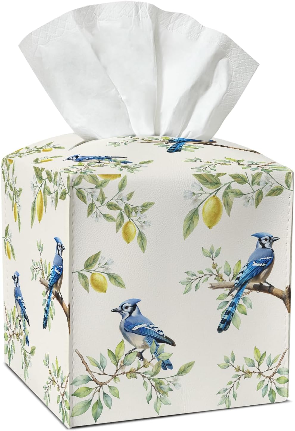 Blue Bird and Lemon Tissue Box Covers Square, Leather Tissue Box Holders Decorative for Car Nightstand Home Office Bathroom Organizer, Square Facial Paper Organizer Home Decor -013