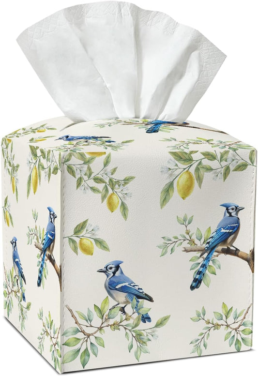 Blue Bird and Lemon Tissue Box Covers Square, Leather Tissue Box Holders Decorative for Car Nightstand Home Office Bathroom Organizer, Square Facial Paper Organizer Home Decor -013