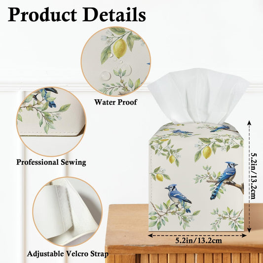 Blue Bird and Lemon Tissue Box Covers Square, Leather Tissue Box Holders Decorative for Car Nightstand Home Office Bathroom Organizer, Square Facial Paper Organizer Home Decor -013