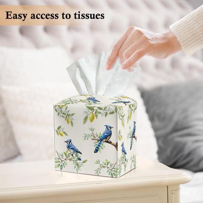 Blue Bird and Lemon Tissue Box Covers Square, Leather Tissue Box Holders Decorative for Car Nightstand Home Office Bathroom Organizer, Square Facial Paper Organizer Home Decor -013