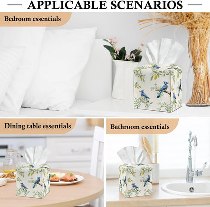 Blue Bird and Lemon Tissue Box Covers Square, Leather Tissue Box Holders Decorative for Car Nightstand Home Office Bathroom Organizer, Square Facial Paper Organizer Home Decor -013