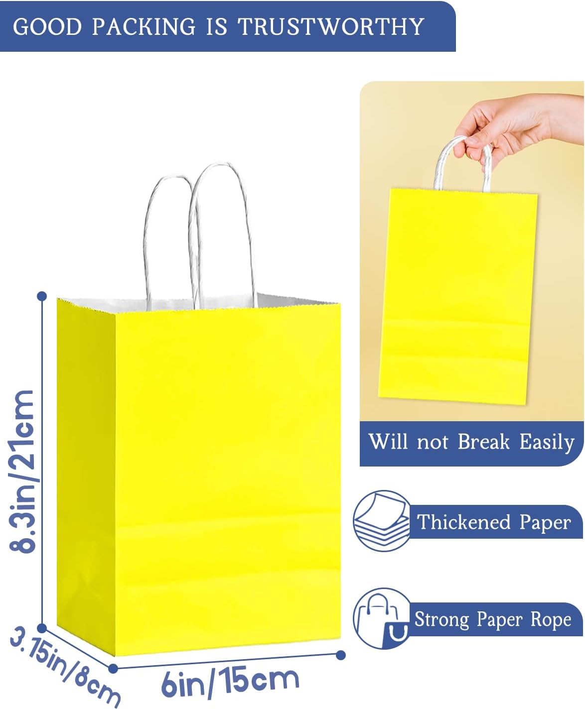 24Pcs Paper Gift Bag with Handles Bulk Yellow Paper Bags Multiple Uses (8.3"x6"x3.15", Small Size)