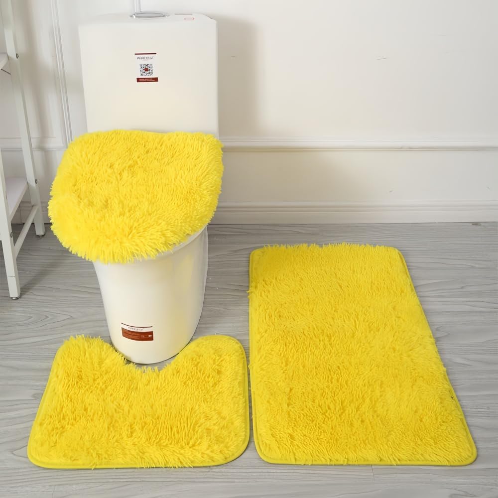 Bathroom Rugs Sets 3 Piece,U-Shaped Toilet Floor Mat +Non Slip Rugs +Toilet Lid Cover Mat,with PVC Point Rubber Backing (Yellow)