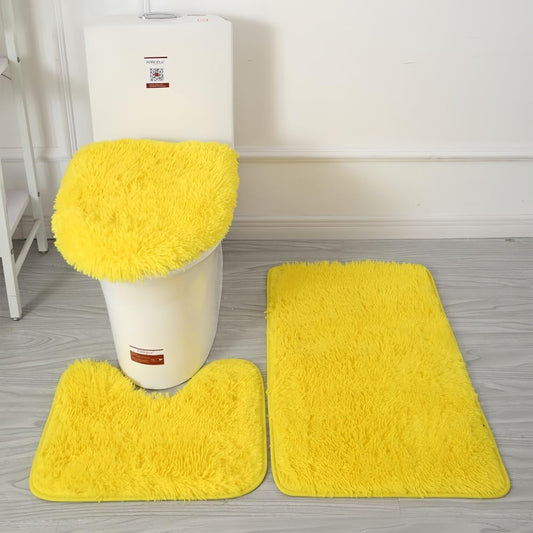 Bathroom Rugs Sets 3 Piece,U-Shaped Toilet Floor Mat +Non Slip Rugs +Toilet Lid Cover Mat,with PVC Point Rubber Backing (Yellow)