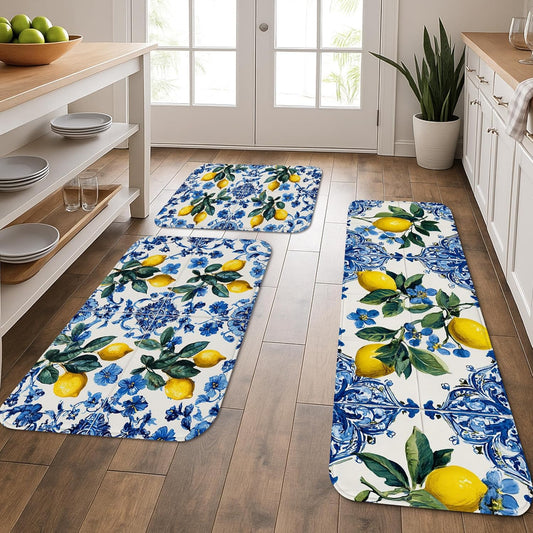 Floral Kitchen Mats for Floor, Lemon Blue Traditional Memory Foam Mats, Cushioned Comfort Washable Non Slip Decor Rugs for Kitchen Sinks Laundryroom Bathroom 3Pcs