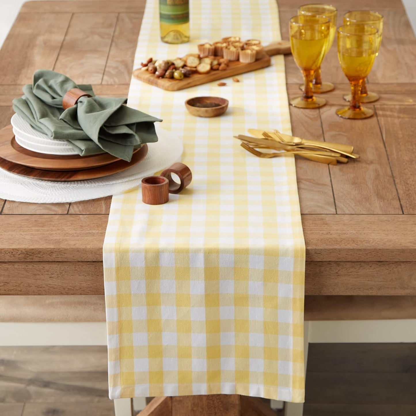 Checkered Tabletop Collection 100% Cotton, Machine Washable, Table Runner, 14x108, Yellow