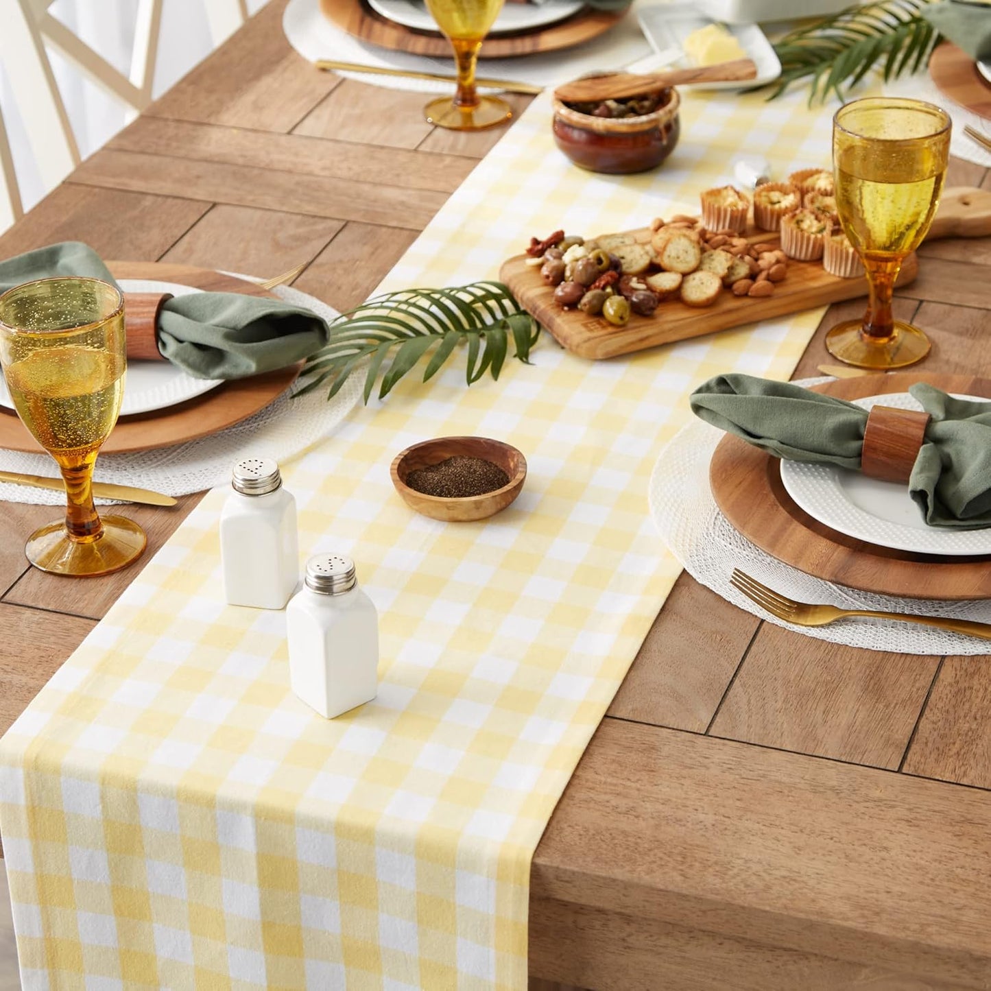 Checkered Tabletop Collection 100% Cotton, Machine Washable, Table Runner, 14x108, Yellow