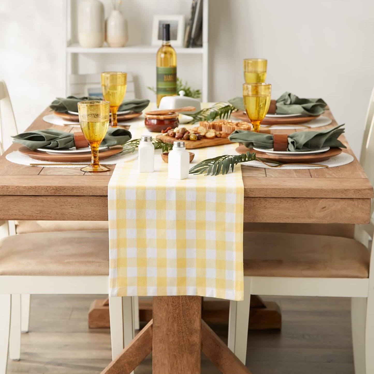 Checkered Tabletop Collection 100% Cotton, Machine Washable, Table Runner, 14x108, Yellow